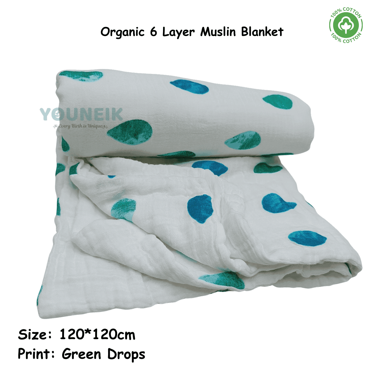 6L Ultra Soft Organic Muslin Blanket 120*120cm - Green Drops