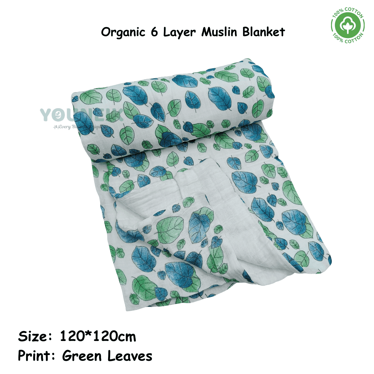 6L Ultra Soft Organic Muslin Blanket 120*120cm - Green Leaves