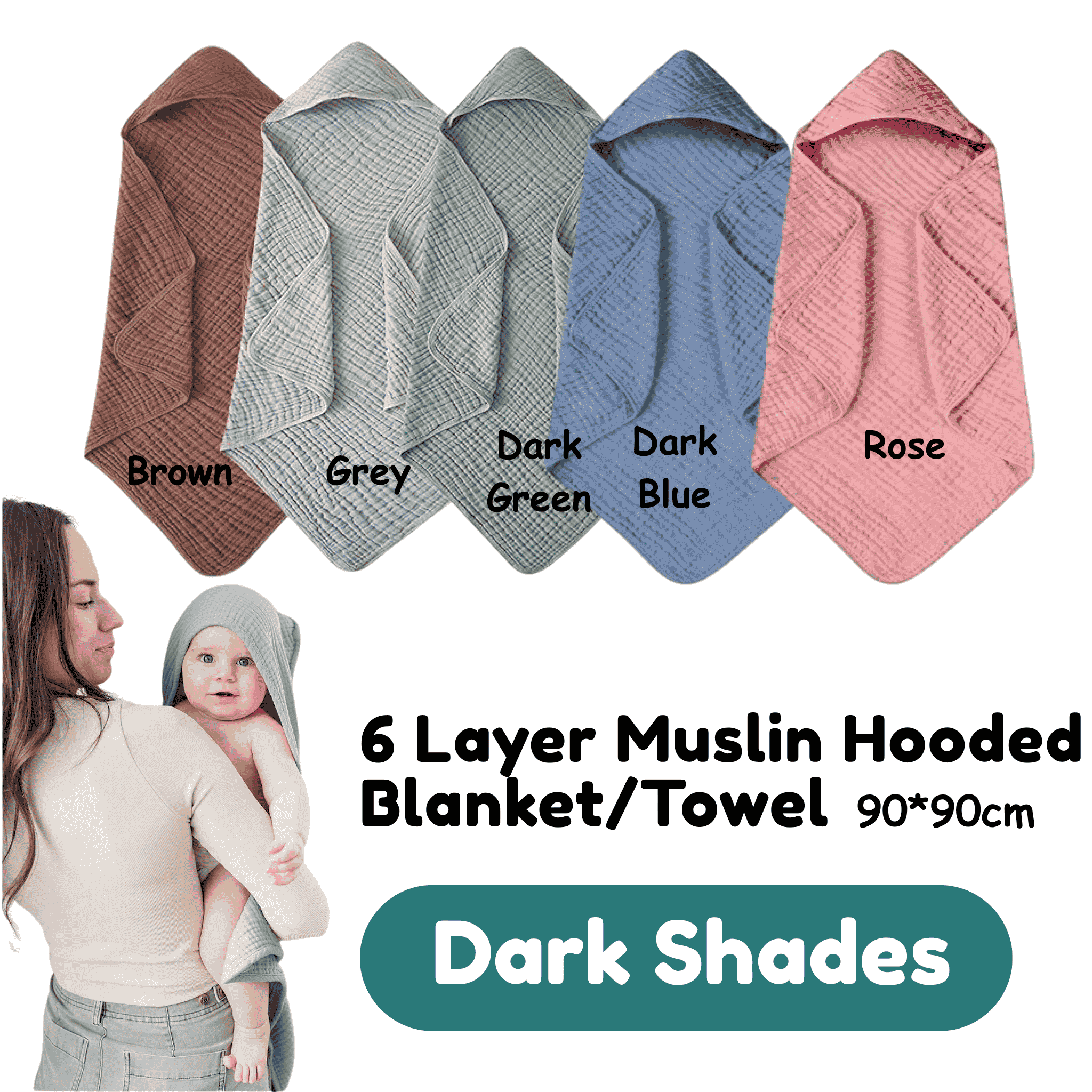 6 Layer Hooded Muslin Blanket/Towel 90*90cm | Dark Shades 