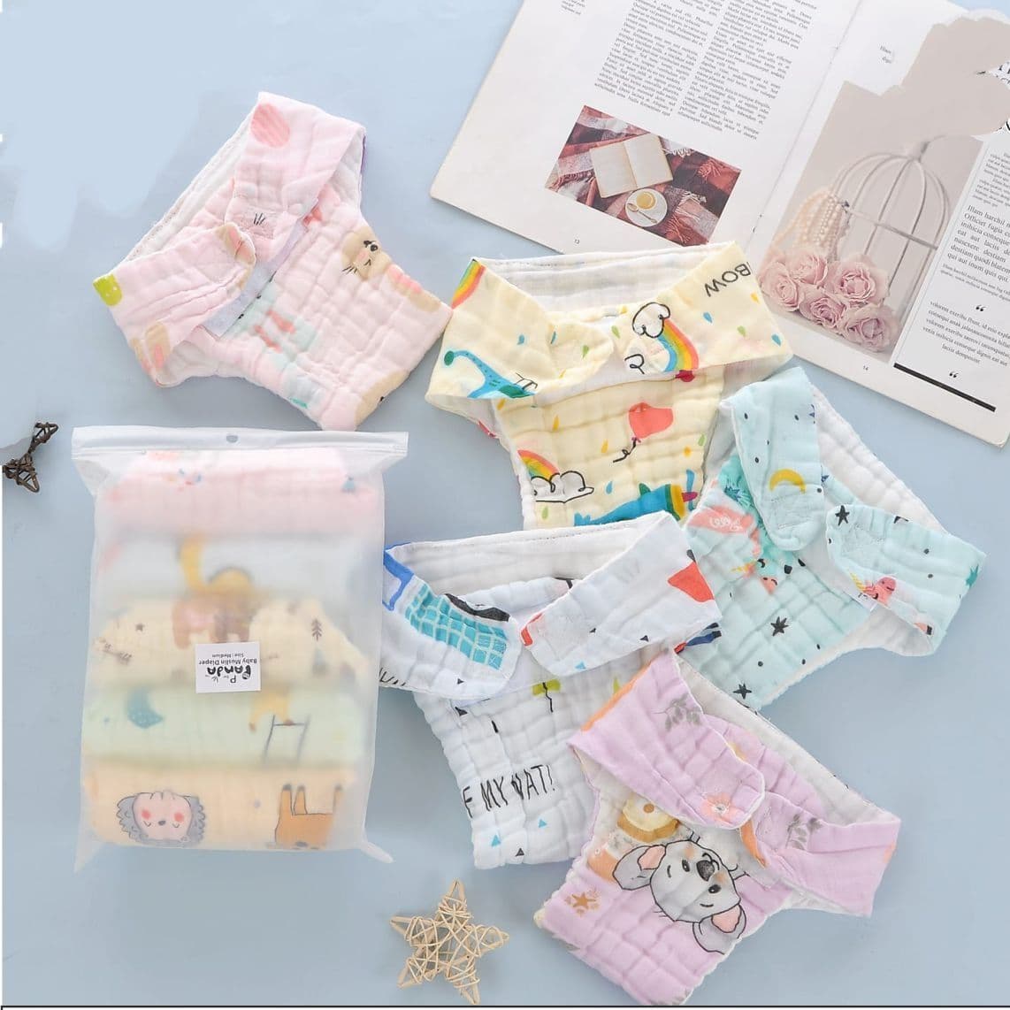 Colour 6 Layer Velcro Muslin Nappy/Langots 5 Pieces 