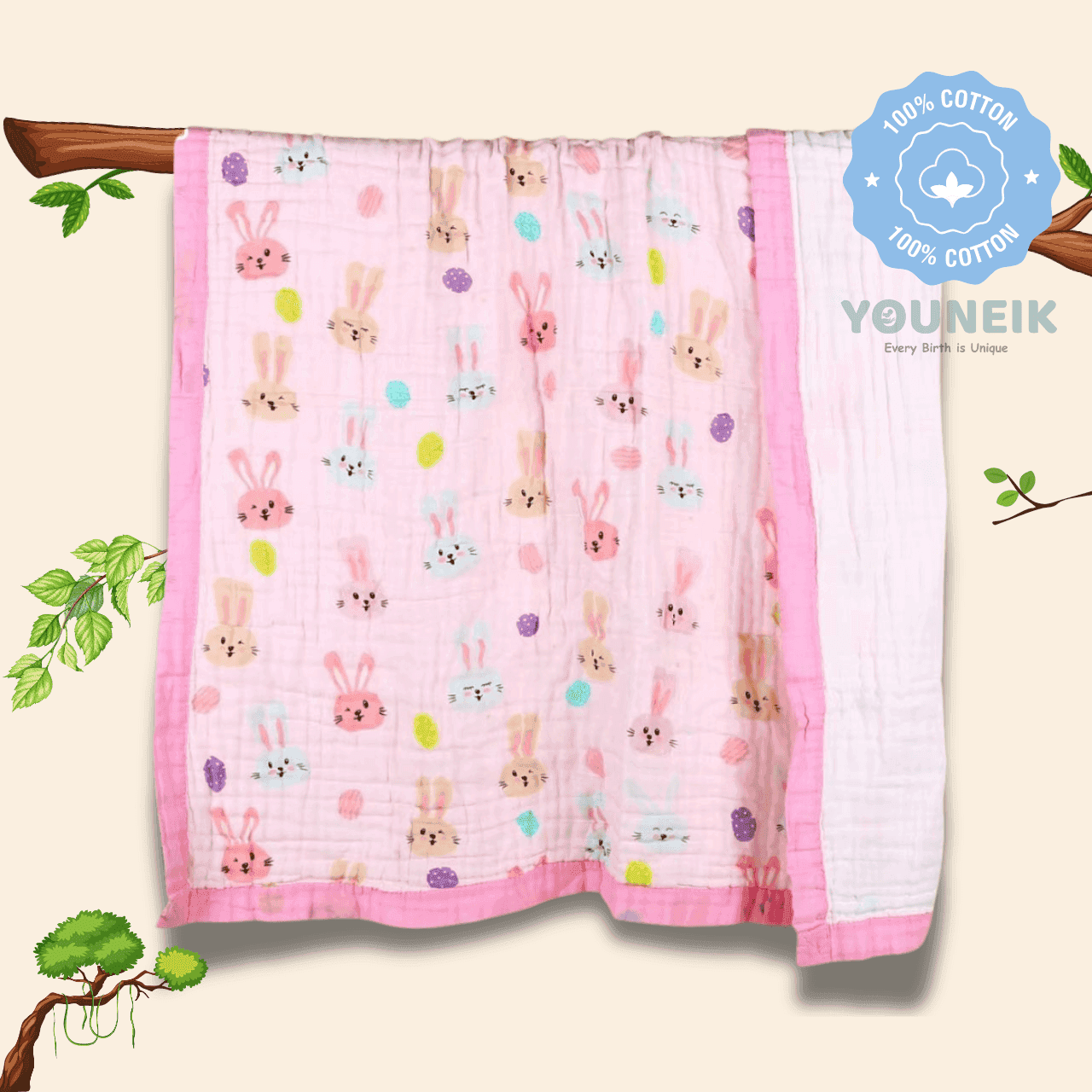 6Layer Muslin Blanket 105*105cm - Pink Bunny