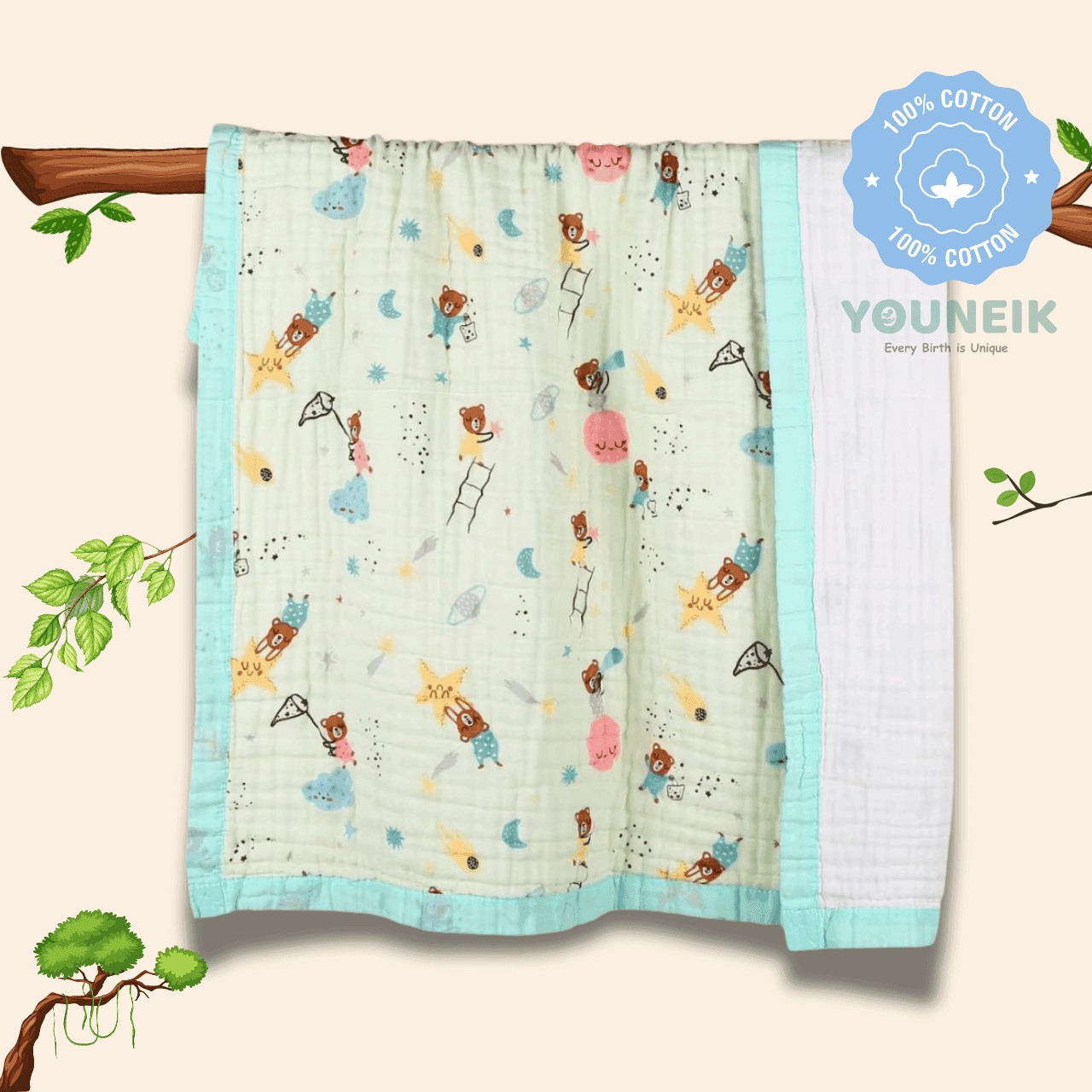 6Layer Muslin Blanket 105*105cm - Blue Teddy Star