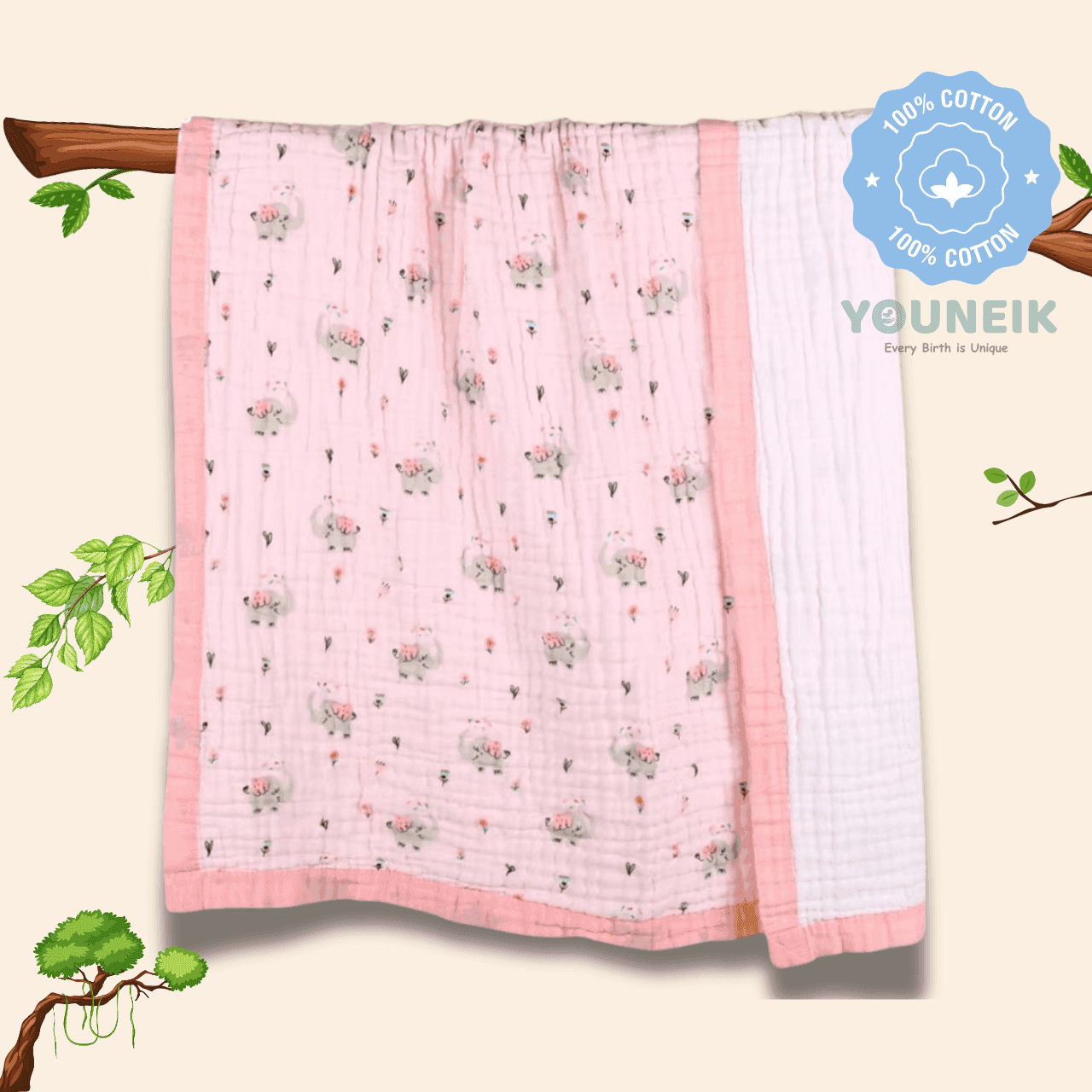 6Layer Muslin Blanket 105*105cm - Pink Elephant