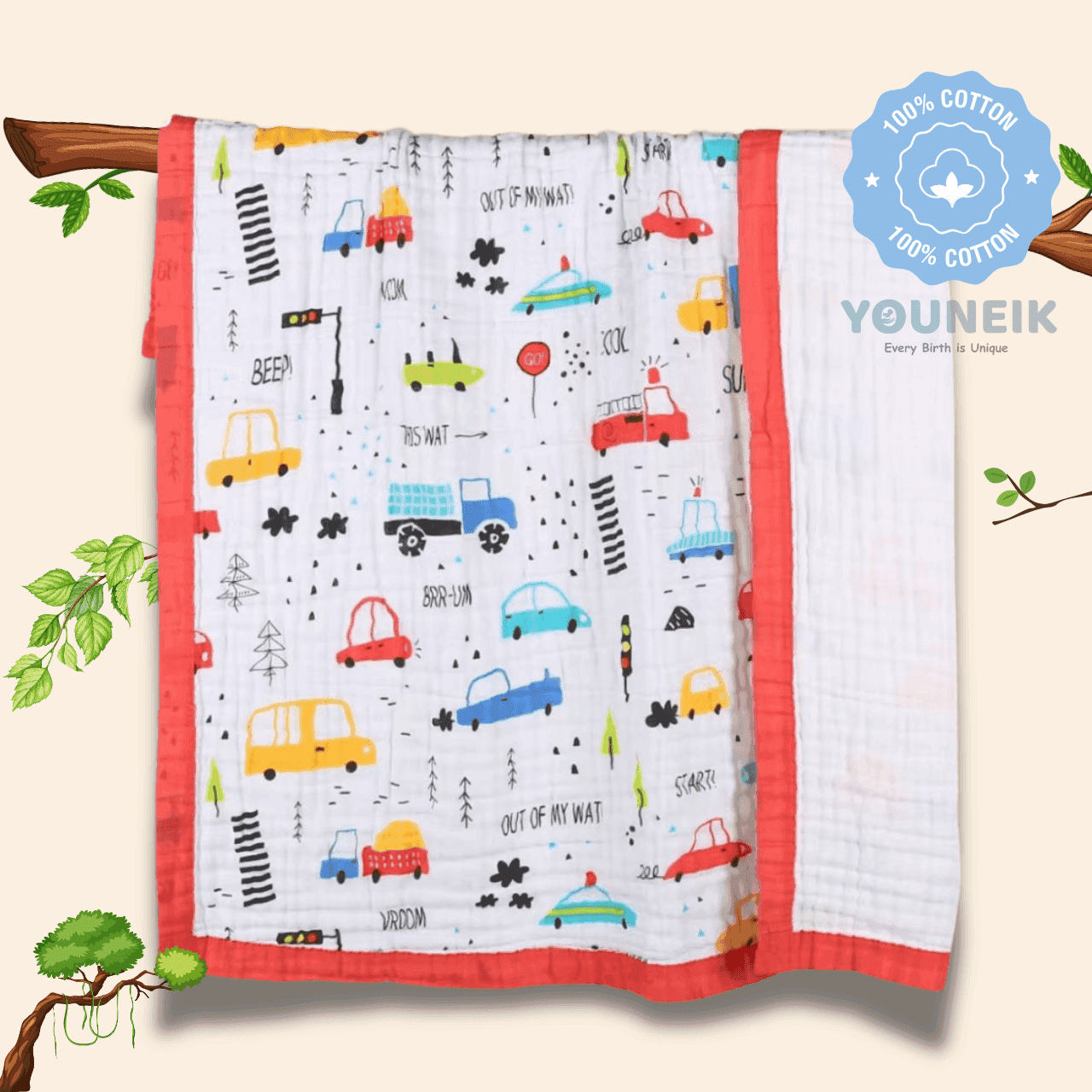 6Layer Muslin Blanket 105*105cm - Red Car