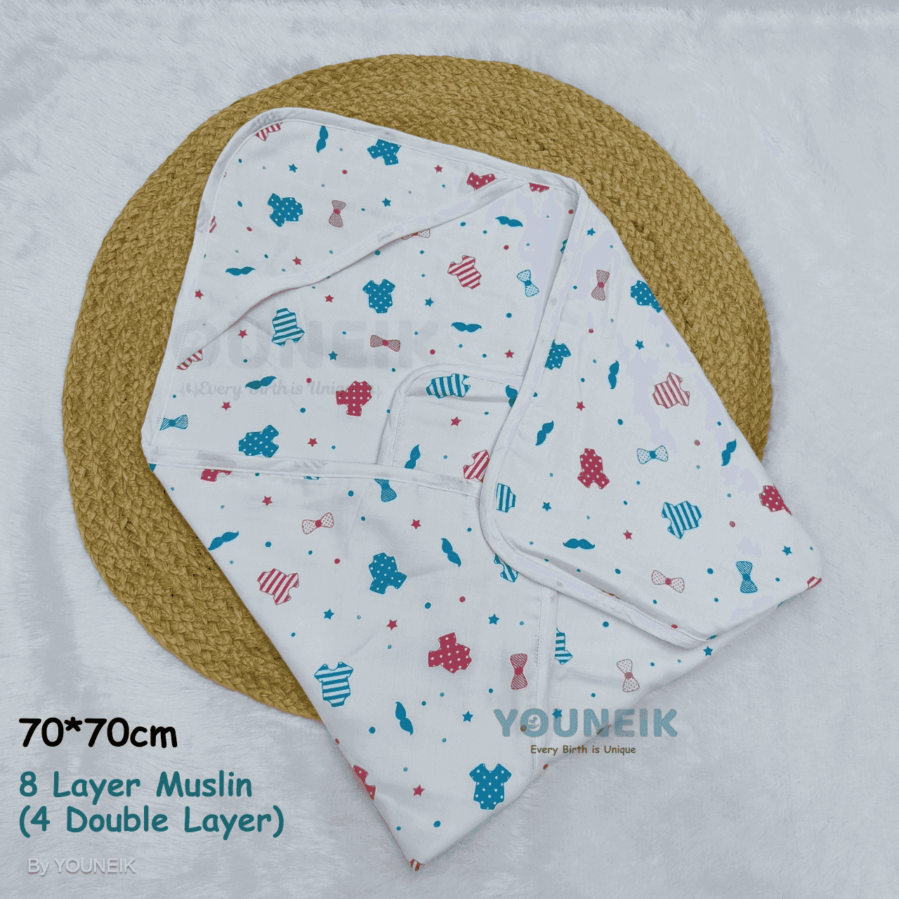 8 Layer Muslin Hooded Blanket - Blue Pink Dress