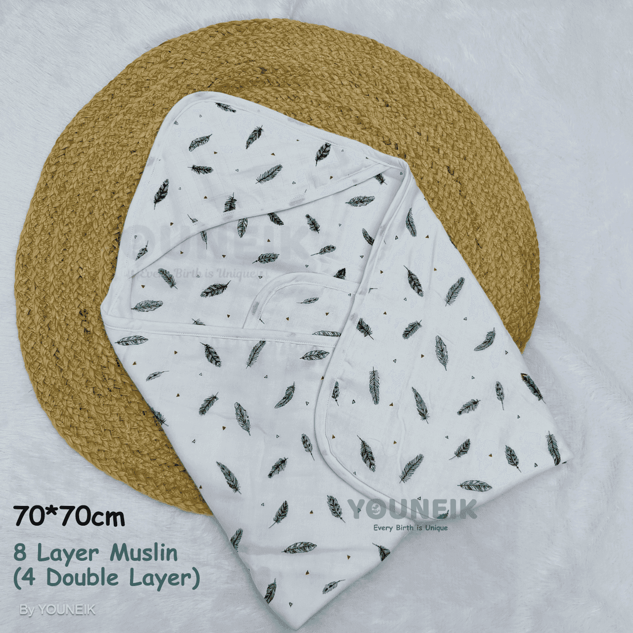 8 Layer Muslin Hooded Blanket - Feather 