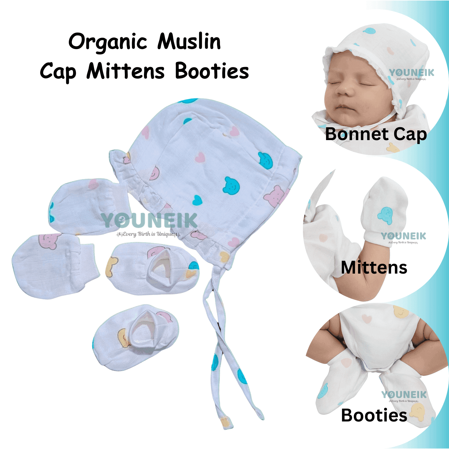 Organic Muslin Cap Mittens Booties | Bonnet Type 