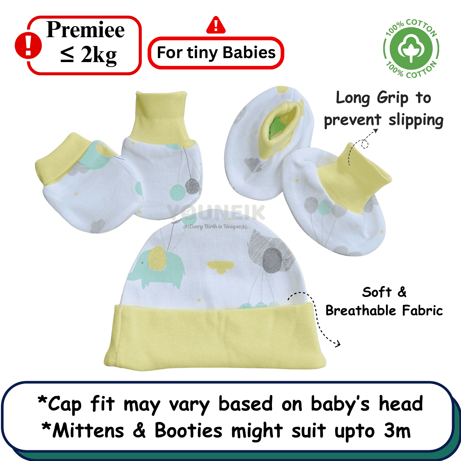 Cotton Cap Mittens Booties | Only Preemie (<2kg Babies)