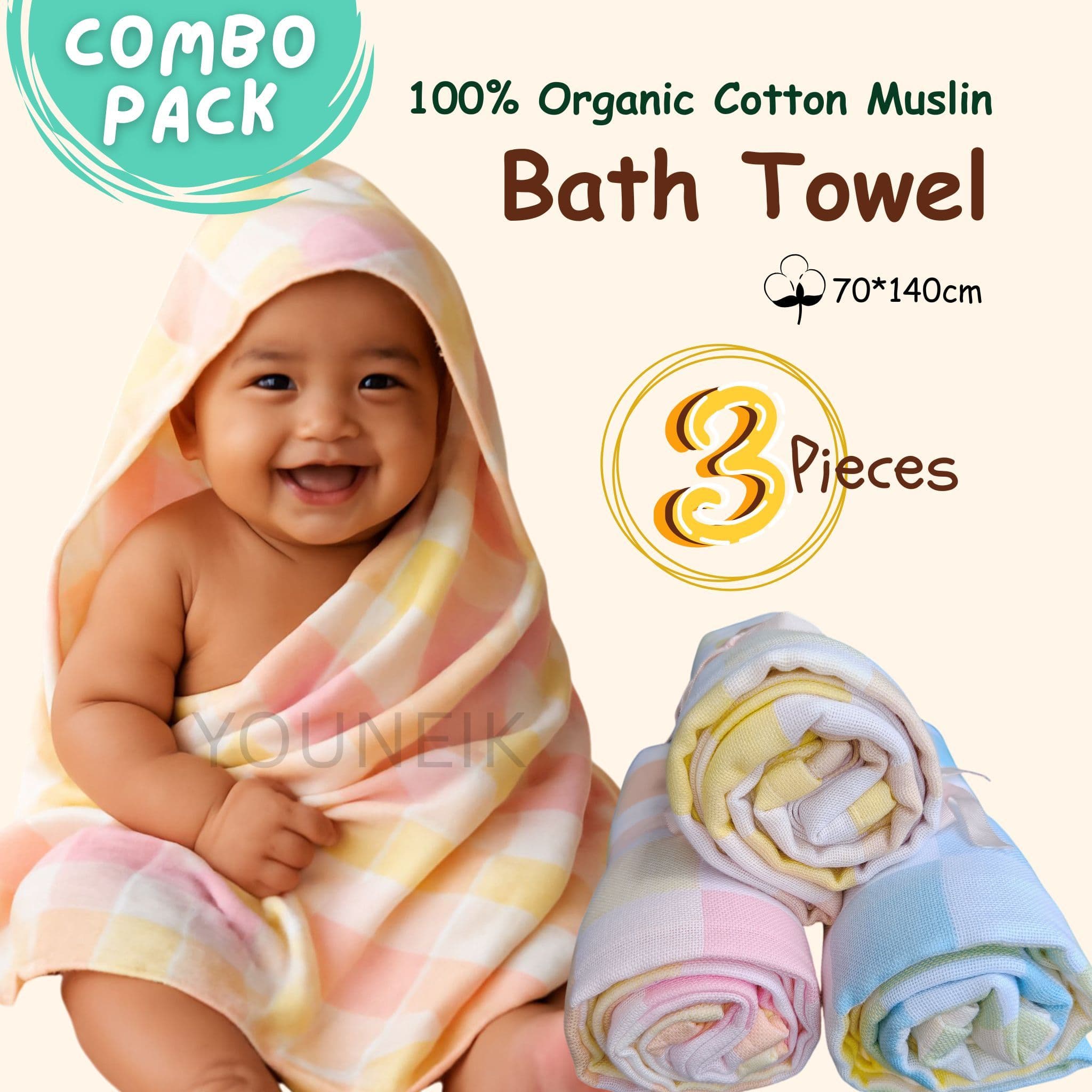 3 Pieces Organic Muslin Bath Towel | 70*140 cm Checked 