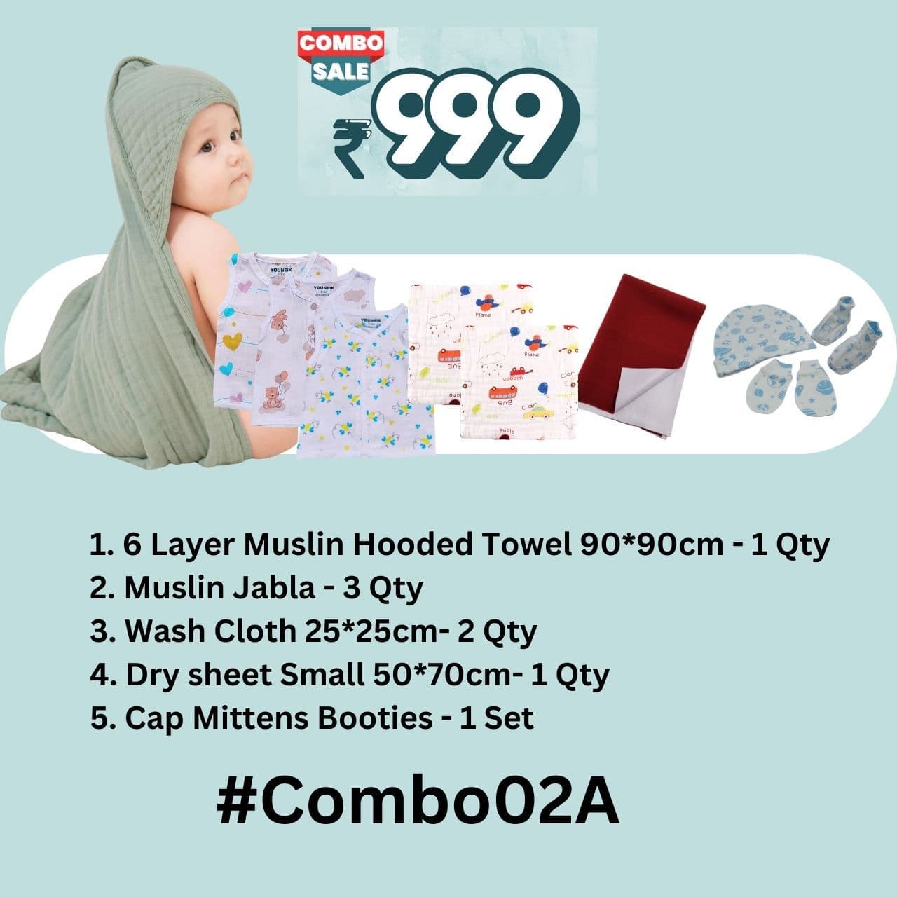 999 Combo02 | Muslin Hooded Towel, Jabla, Dry Sheet, Wash Cloth, CMB 