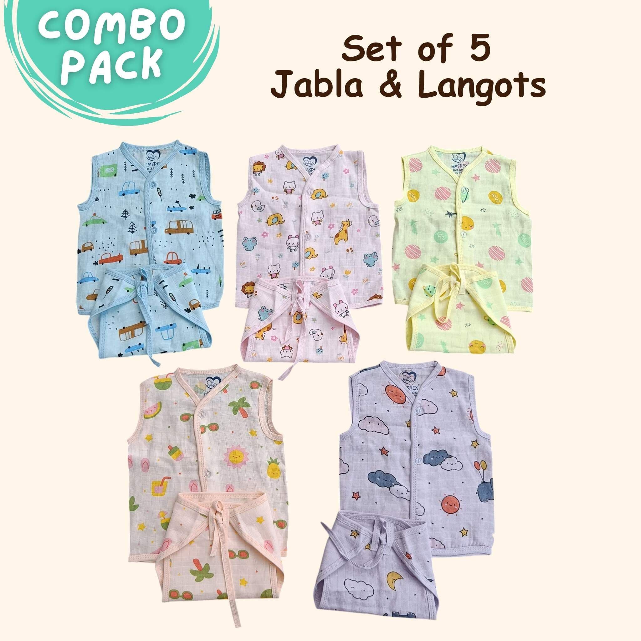 Muslin Jabla & Langots 5 Sets 0-3m | Solid Colour Printed