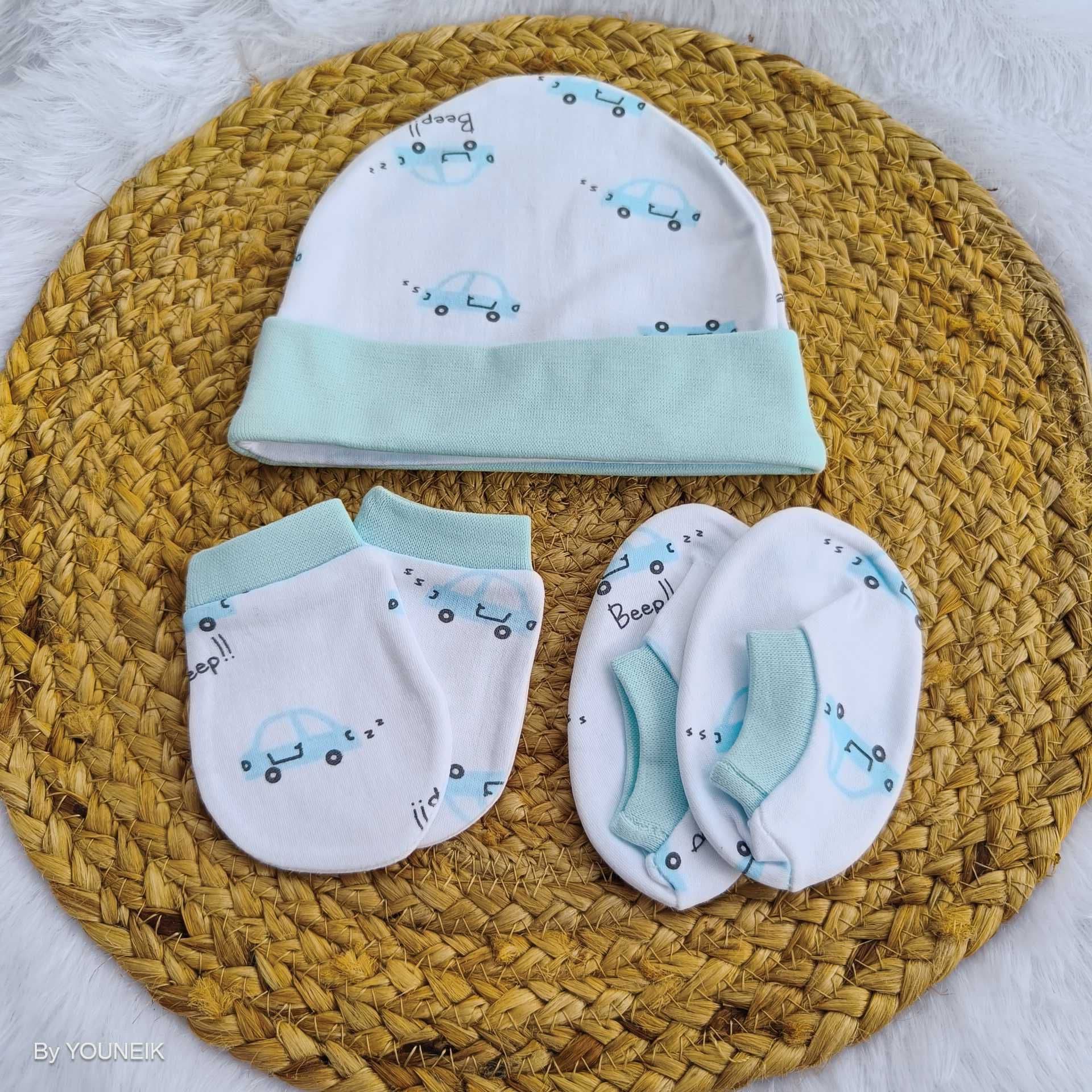 Cotton Cap Mittens Booties 0-3m |  Blue White Car