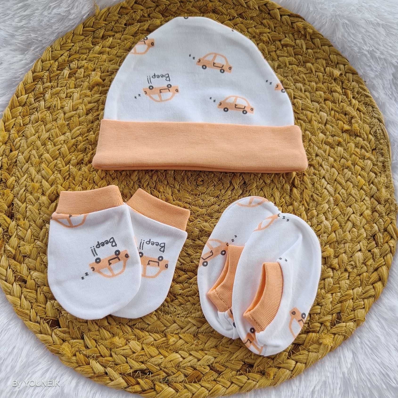 Cotton Cap Mittens Booties 0-3m |  Orange White Car