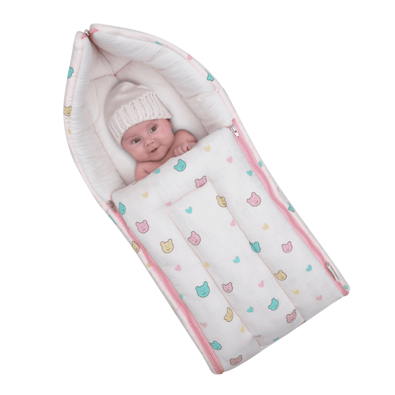 Organic Muslin Carry Bed - Pink Teddy Face