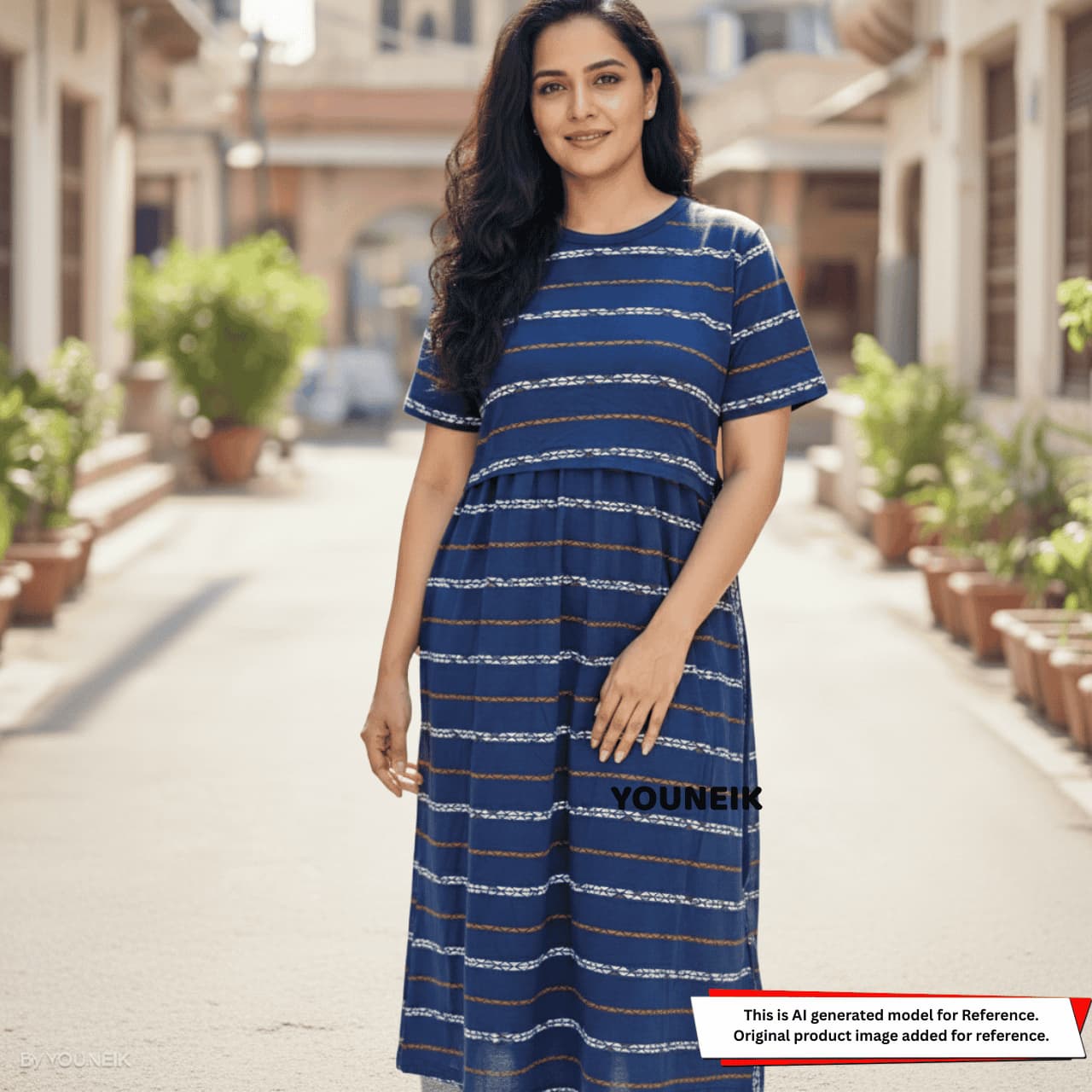 Zipless Feeding Gown - Navy Lines ZG002