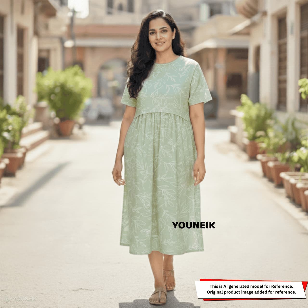 Zipless Feeding Gown - Pastel Green white flowers ZG006