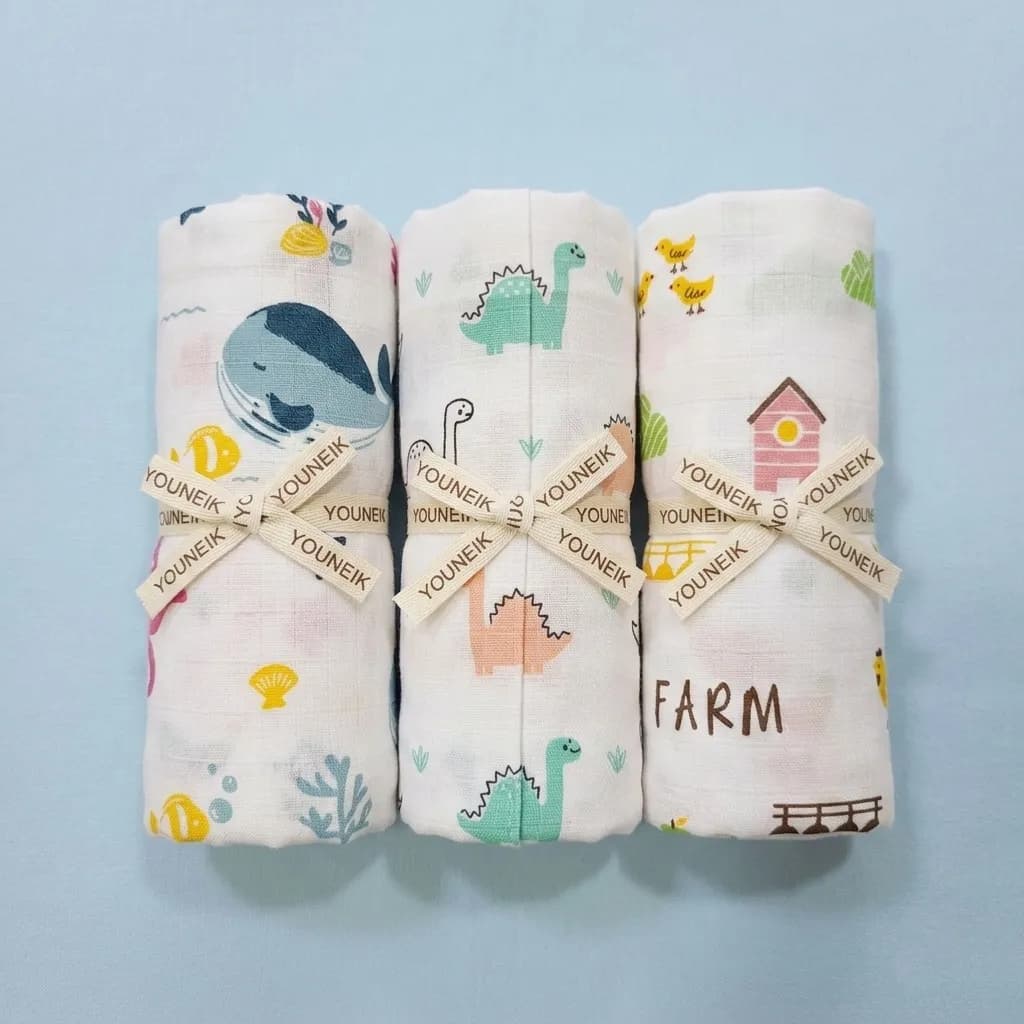 YOUNEIK Muslin Bath Towel Combo Dolphin | Dino | Farm House 