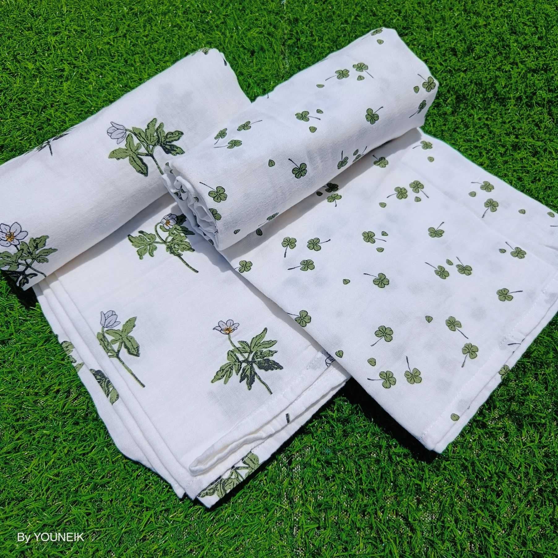 Soft Muslin Swaddle 120*120- 2 Pieces | Green Leaves & Flower 
