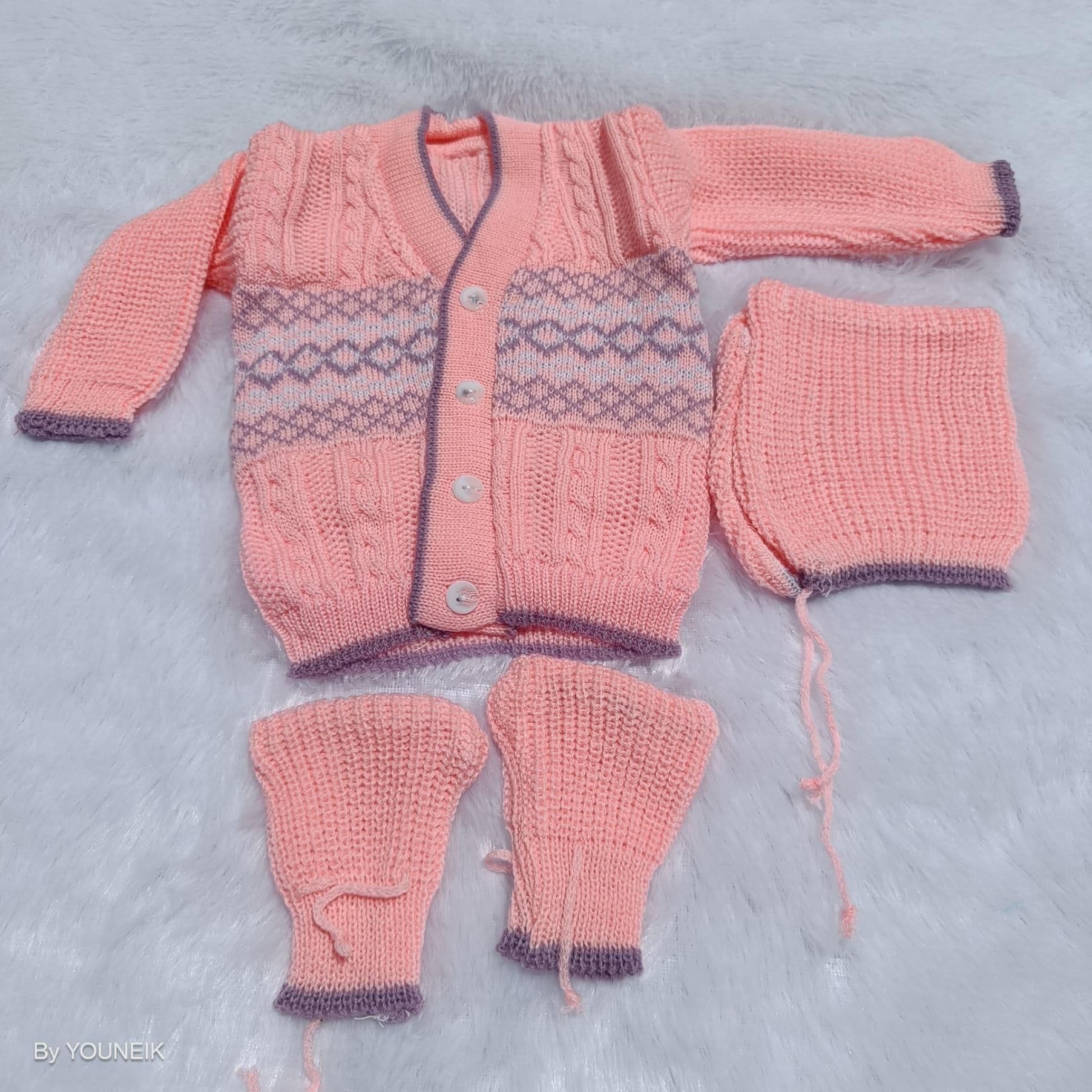 0-3m Woolen Sweater - Baby Pink| Purple Pattern 
